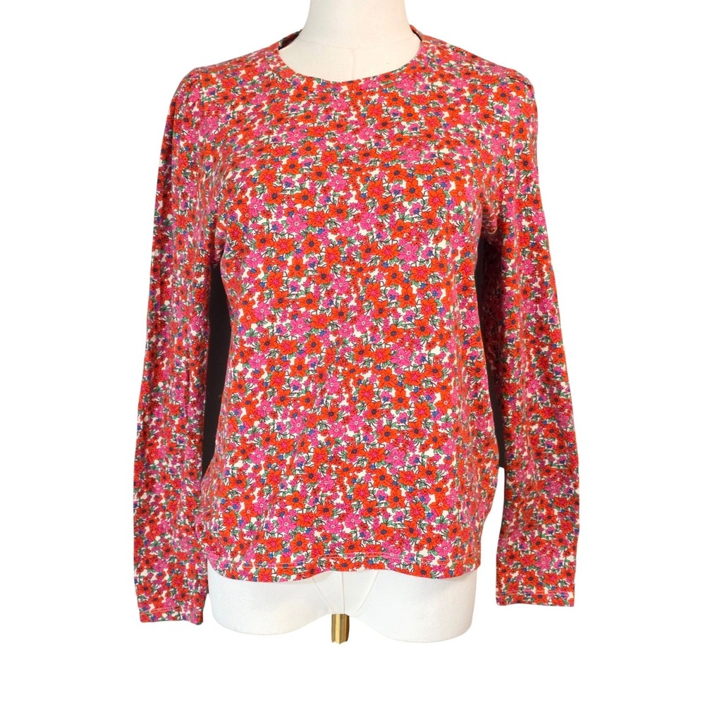 J.Crew Floral Long Sleeve T-Shirt Womens Small Red Pink Cotton Puff Shoulder‎